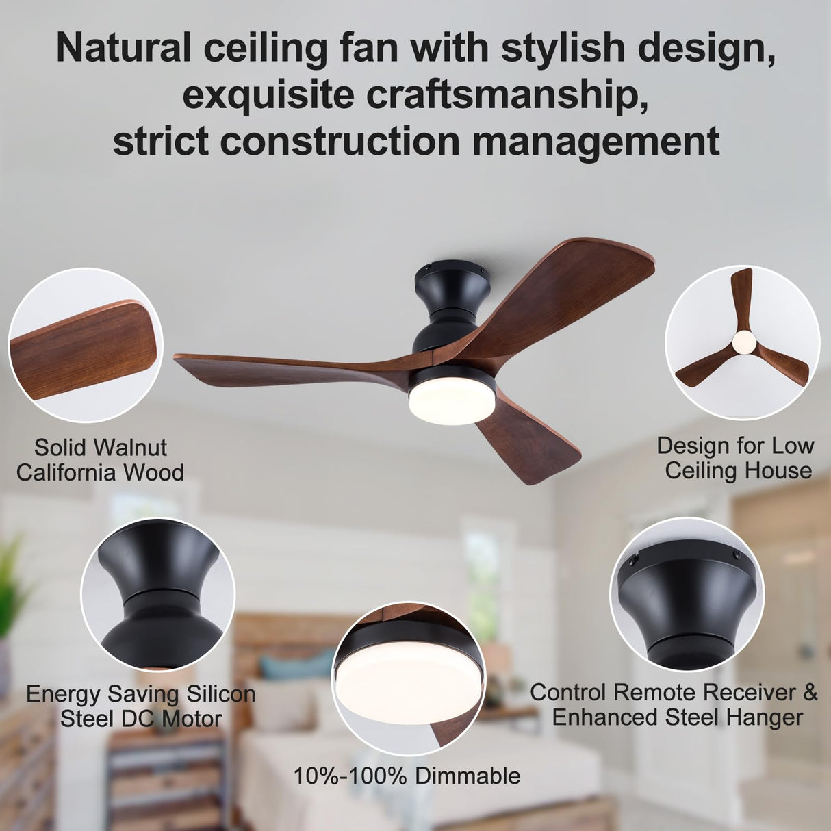 XBIBI 42 Inch Low Profile Ceiling Fan with Light and Remote, Dimmable LED Light, Quiet DC Motor Flush Mount Ceiling Fan, Wood Hugger Ceiling Fans with Lights, Indoor Outdoor Black Ceiling Fan XBIBI