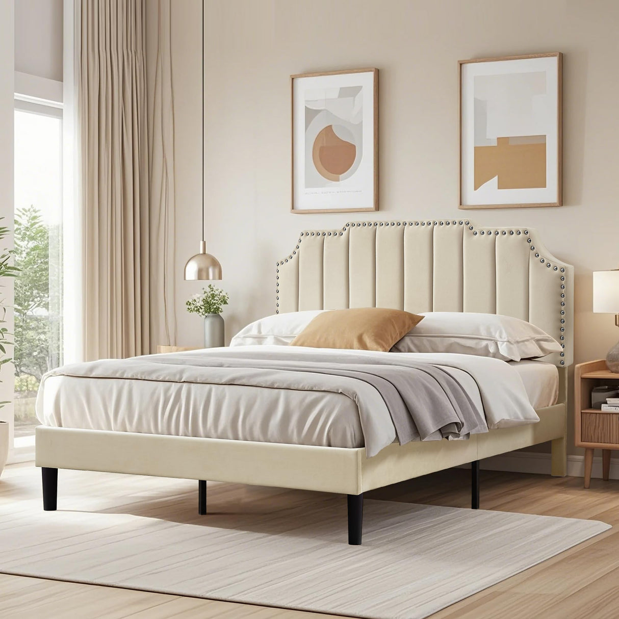 VECELO Full Upholstered Platform Bed Frame with Tufted Adjustable Headboard/Mattress Foundation/Wood Slat Support,Easy Assembly,Beige VECELO