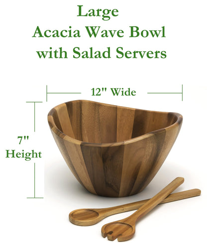 Lipper International Acacia Large Wave Bowl with Servers, 162.31 fl.oz.,Brown