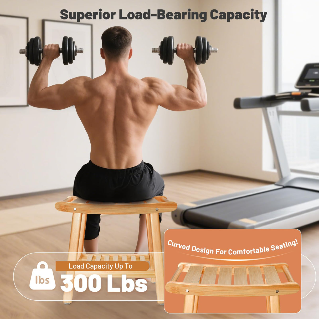 Bamboo Shower Bench for Inside Shower to Sit on,Waterproof Shower Stool for Shaving Legs,Spa Bathroom Shower Chair with Storage Shelf, Bathroom Bench Seat for Senior Adult Disabled Elderly LEJANEOYE