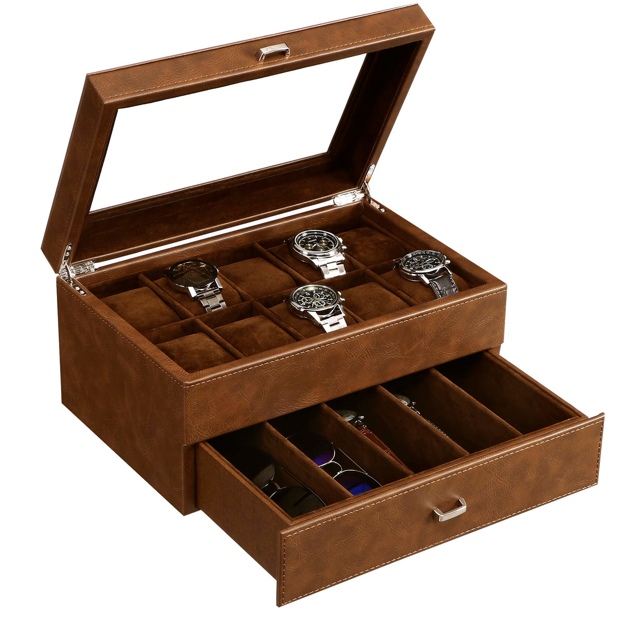 BEWISHOME Watch Box for Men Luxury Watch Case -10 Slots Watch Organizer with Drawer for Sunglass and Watch Storage, Large Glass Top, Faux Leather,Brown SSH34Z BEWISHOME