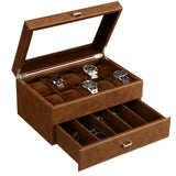 BEWISHOME Watch Box for Men Luxury Watch Case -10 Slots Watch Organizer with Drawer for Sunglass and Watch Storage, Large Glass Top, Faux Leather,Brown SSH34Z BEWISHOME