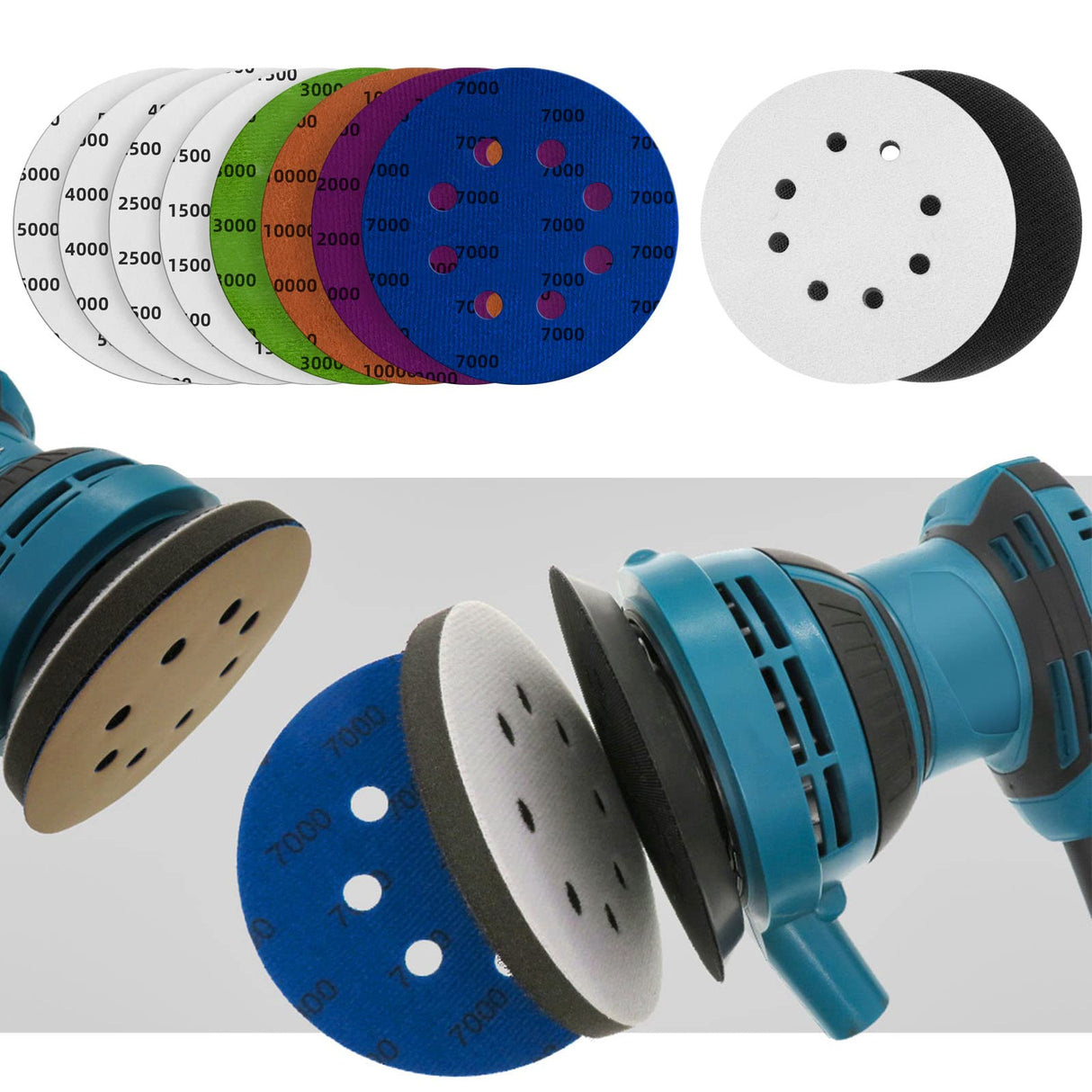 80pcs 5 inch 8 Hole Sanding Discs Hook and Loop 1500/2000/2500/3000/4000/5000/7000/10000 Grits Wet Dry Sandpaper with 2pcs Interface Pad for Random Orbital Sander Automotive Wood Metal Polishing TolleSonne