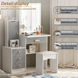 AGOTENI Small Vanity Table Makeup Vanity Dressing Table with Mirror, 4 Drawers & Shelves, Dressing Desk and Cushioned Stool Set (White/Grey, Slidding Lighted Mirror) AGOTENI