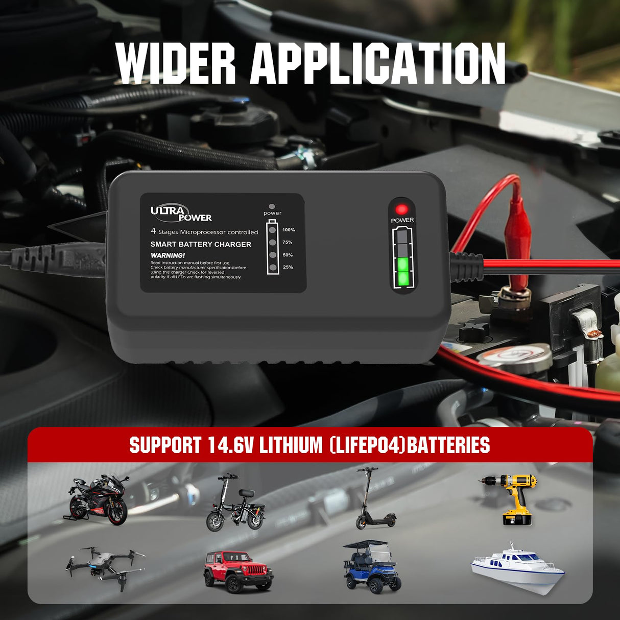 ULTRAPOWER 4-Amp 14.6 Volt LiFePO4 Battery Charger,12.8 Volt LiPO Lithium Battery Charger,Smart Battery Charger Maintainer for Cars,Motocycles,Golf Carts,UAV,Fishing Boat and Deep Cycle Batteries. ULTRA POWER