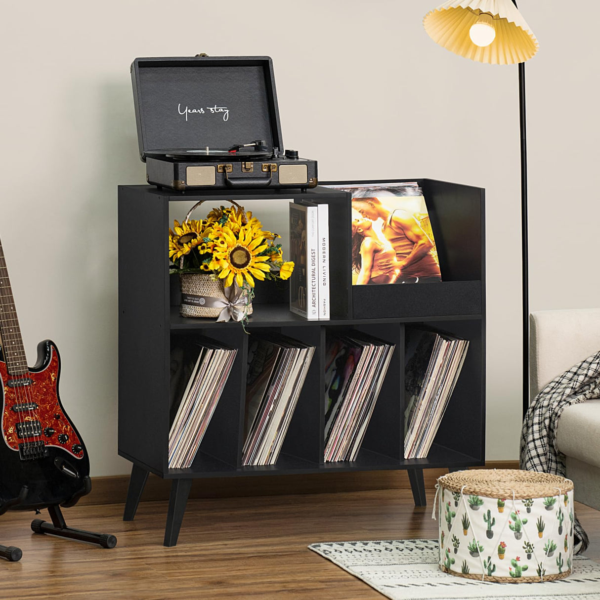 LELELINKY Large Record Player Stand, Turntable Stand with Storage, Vinyl Record Holder with Display Area, Record Player Table Holds Up to 300 Albums, Record Stand for Music room Living Room-Reto Black LELELINKY