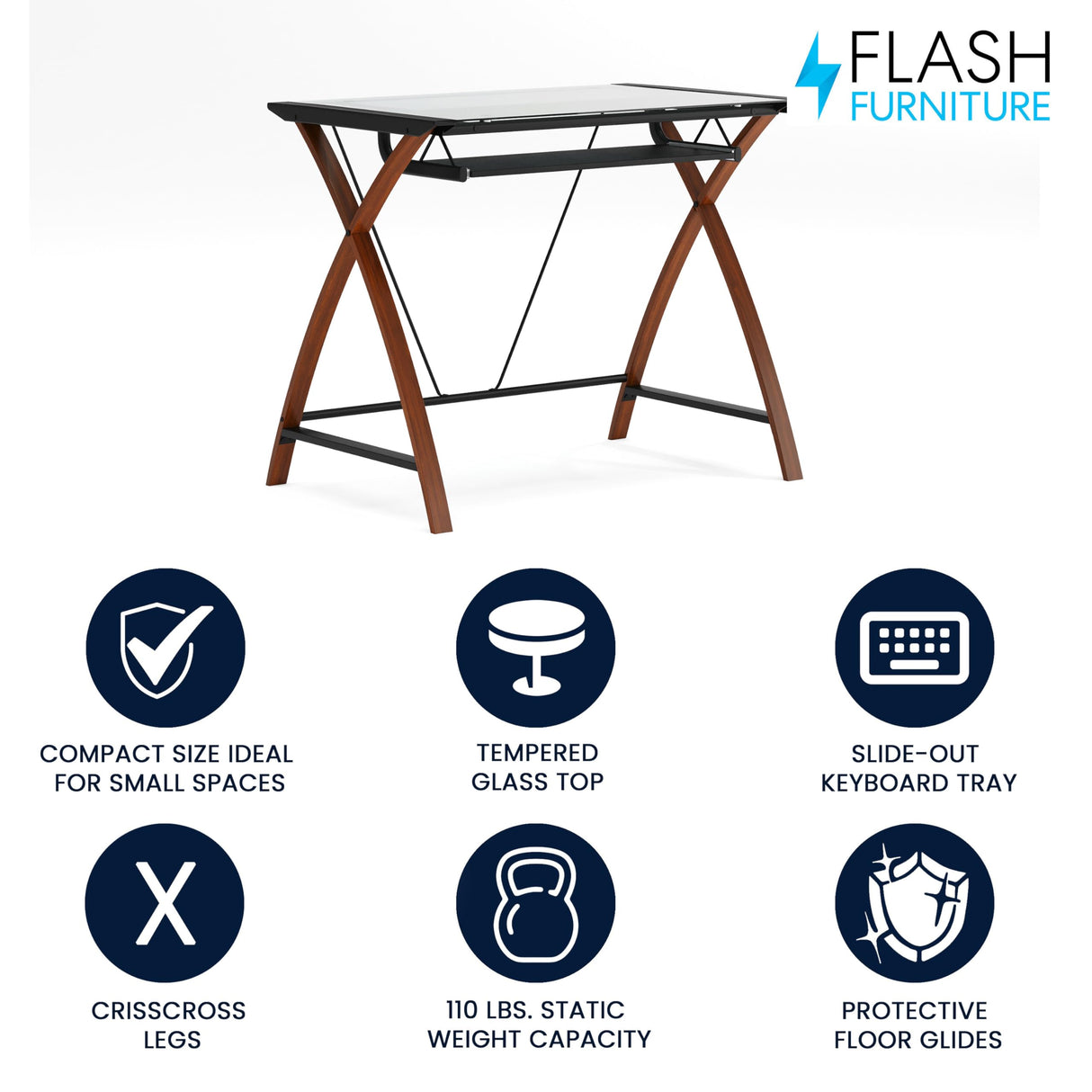 Flash Furniture Jude Tempered Glass Computer Desk with Pull-Out Keyboard Tray and Crisscross Frame, Small Computer Desk for Home Office, Cherry/Clear Flash Furniture