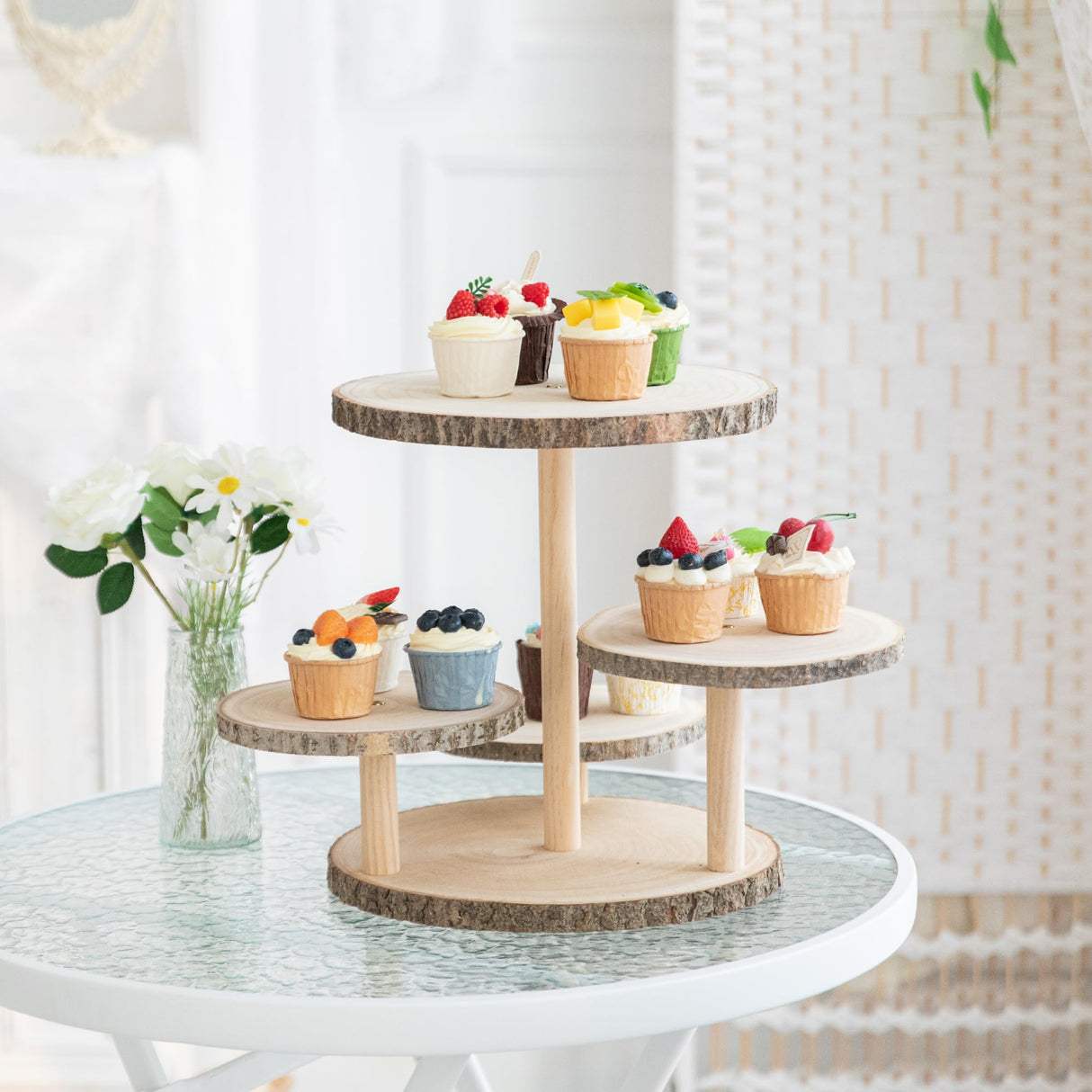 GENMOUS 4 Tiered Round Cake and Cupcake Stand Combo for Birthday Party Decor, Rustic Wooden Cupcake Tower Stands for 50 Cupcakes, Farmhouse Cupcake Tier Stand Display for Wedding Baby Shower Tea Party GENMOUS & CO.