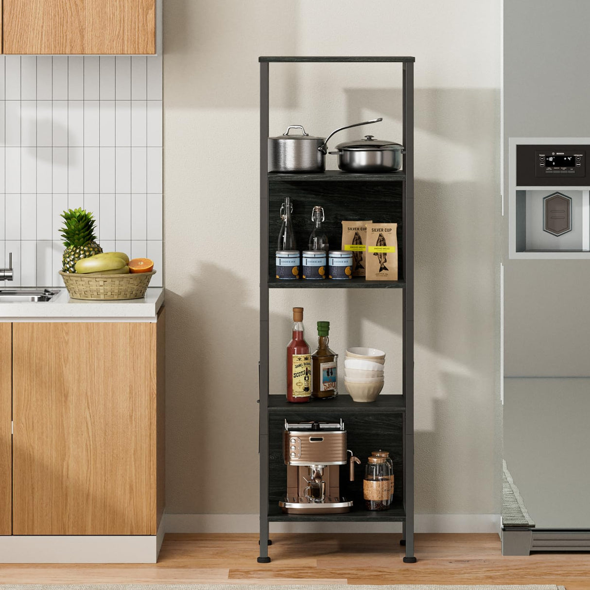 Furologee 5 Tier Tall Bookshelf with Back, Industrial Narrow Bookcase, Display Standing Shelf Units, Metal and Wood Storage Corner Shelves Organizer for Bedroom, Living Room, Entryway, Kitchen, Black Furologee