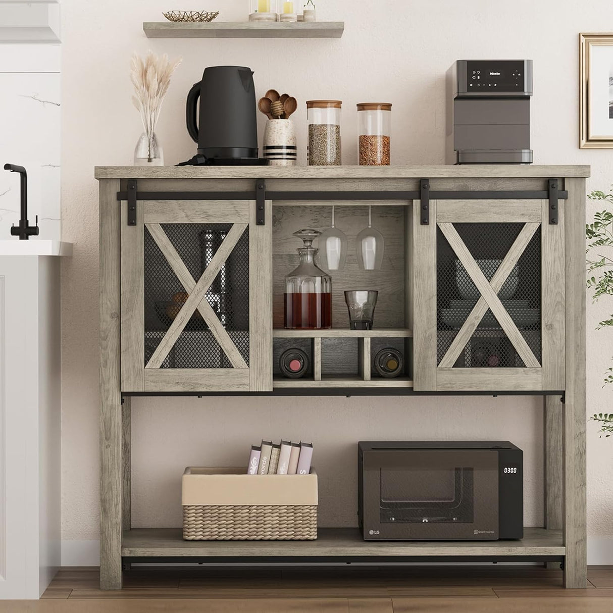 IDEALHOUSE Coffee Bar Cabinet, Console Entryway Table with Storage, Farmhouse Sideboard Buffet Cabinet with Sliding Barn Doors, Wine Liquor Cabinet with Racks for Kitchen, Hallway, Living Room, Gray IDEALHOUSE