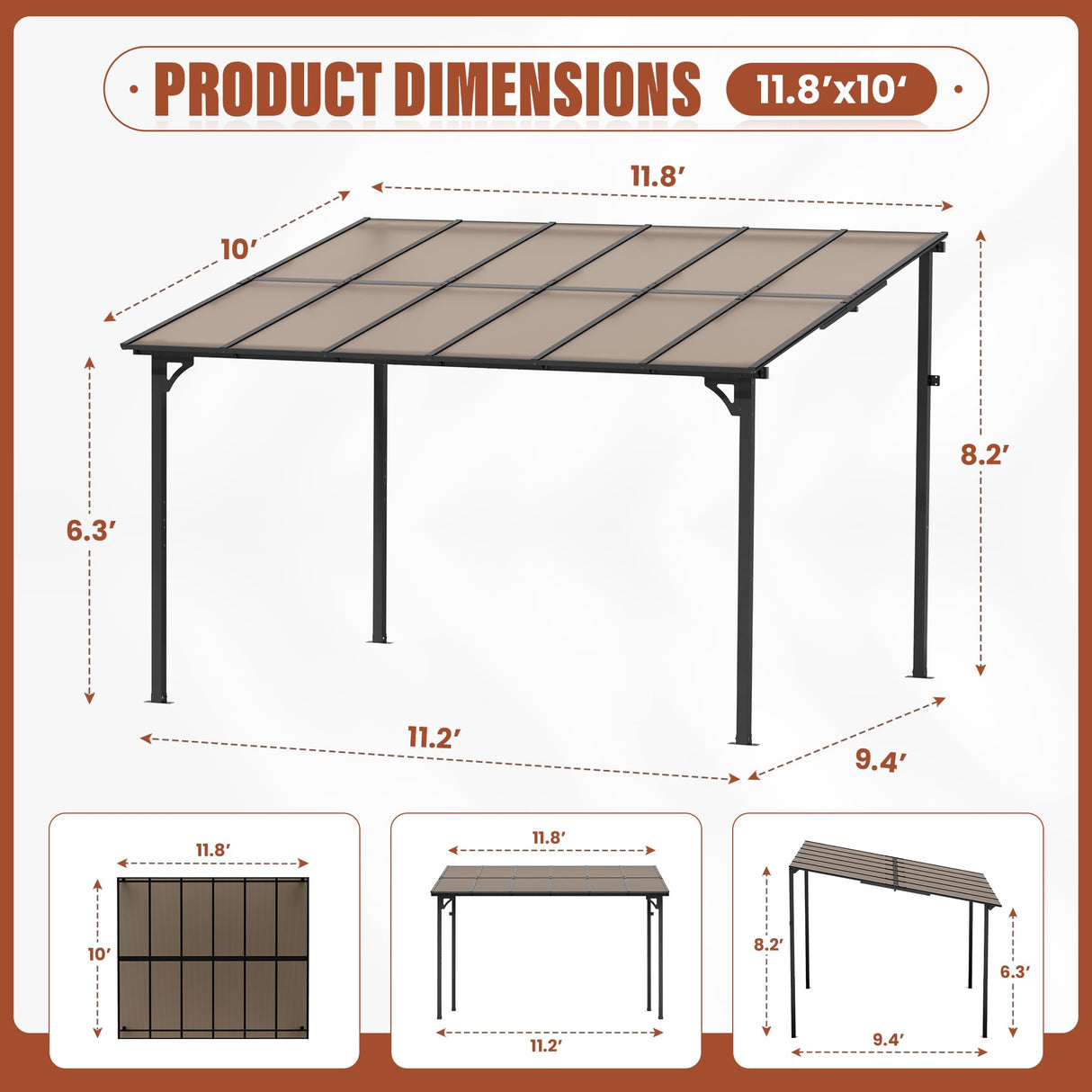 Oakcloud 10' x 12' Outdoor Wall Mounted Gazebo, Patio Lean to Gazebo Pergola with Sloped Roof, Large Heavy Duty Awning for Patio, Backyard, Deck Oakcloud