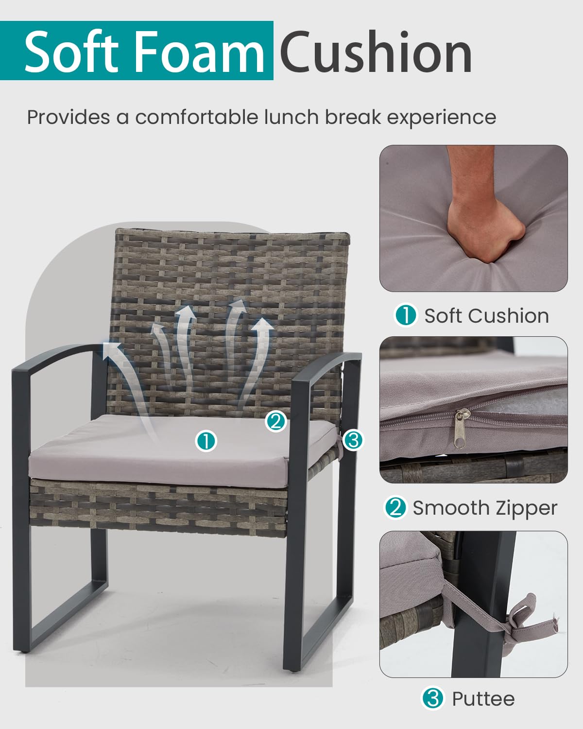 Bezseller 3 Pieces Patio Furniture Set, Outdoor Rattan Bistro Set with Coffee Table, Durable Steel Frame with Strapped Cushions for Garden, Balcony, Poolside, Backyard Bezseller