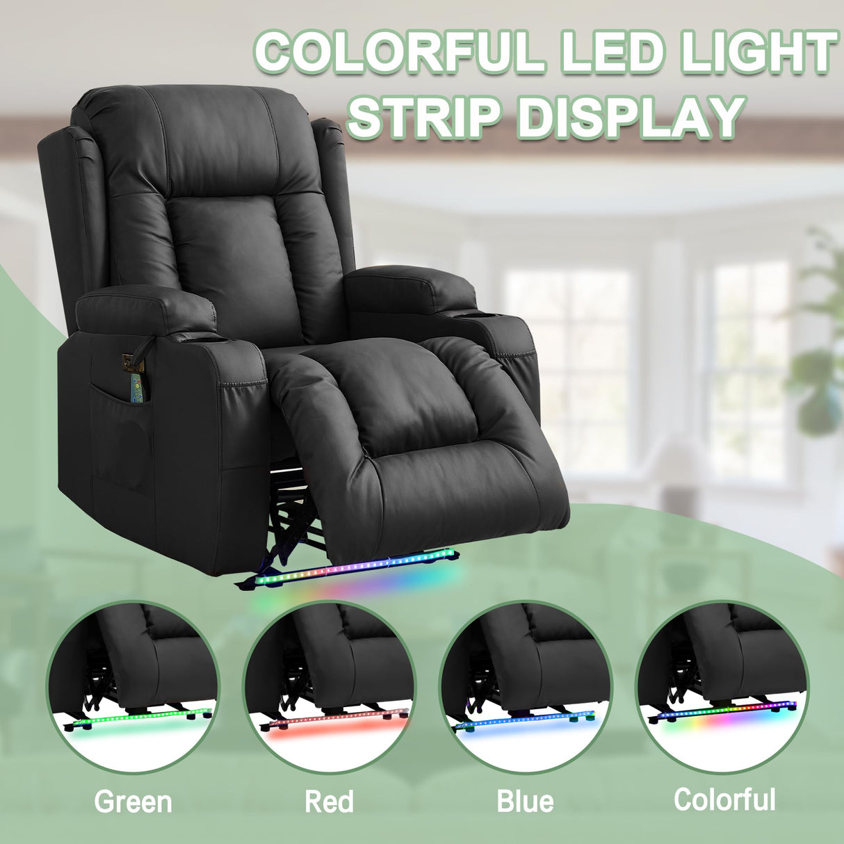 TUNYI Power Recliner Chair with Massage & Heat, Faux Leather Reclining Sofa with LED Light, Home Recliner Theater Seating with USB Port/Lumbar Pillow/Cup Holder/Side Pocket (Black, 1PC) TUNYI