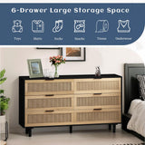 NTYUNRR 51.18" Black Rattan Dresser, 6 Drawer Double Dresser for Bedroom, Wooden Dresser Chest of Drawers, Modern Large Closet Boho Dressers Storage Cabinet, for Living Room Hallway Entryway, M NTYUNRR