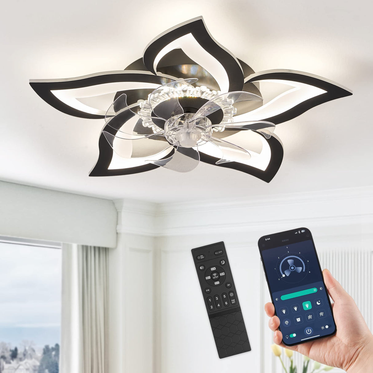 LEDIARY Flower Ceiling Fans with Lights, Small 27 Inch Modern Low Profile Ceiling Fan, Dimmable LED Ceiling Light Fixture, Flush Mount Ceiling Fans with Remote for Bedroom, Kitchen, Indoor-Black LEDIARY