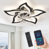 LEDIARY Flower Ceiling Fans with Lights, Small 27 Inch Modern Low Profile Ceiling Fan, Dimmable LED Ceiling Light Fixture, Flush Mount Ceiling Fans with Remote for Bedroom, Kitchen, Indoor-Black LEDIARY