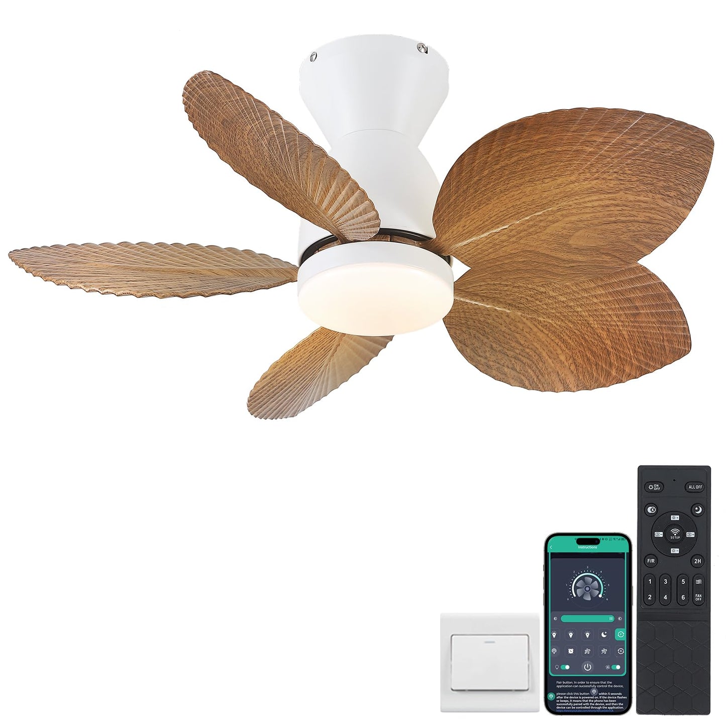 Kviflon 30 Inch Ceiling Fans with Lights, Indoor Outdoor Tropical Ceiling Fan with Remote/APP Control, Flush Mount Palm Leaf Ceiling Fan Light for Bedroom, 6 Speeds, Dimmable - Wood Grain - WoodArtSupply