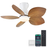 Kviflon 30 Inch Ceiling Fans with Lights, Indoor Outdoor Tropical Ceiling Fan with Remote/APP Control, Flush Mount Palm Leaf Ceiling Fan Light for Bedroom, 6 Speeds, Dimmable - Wood Grain Kviflon