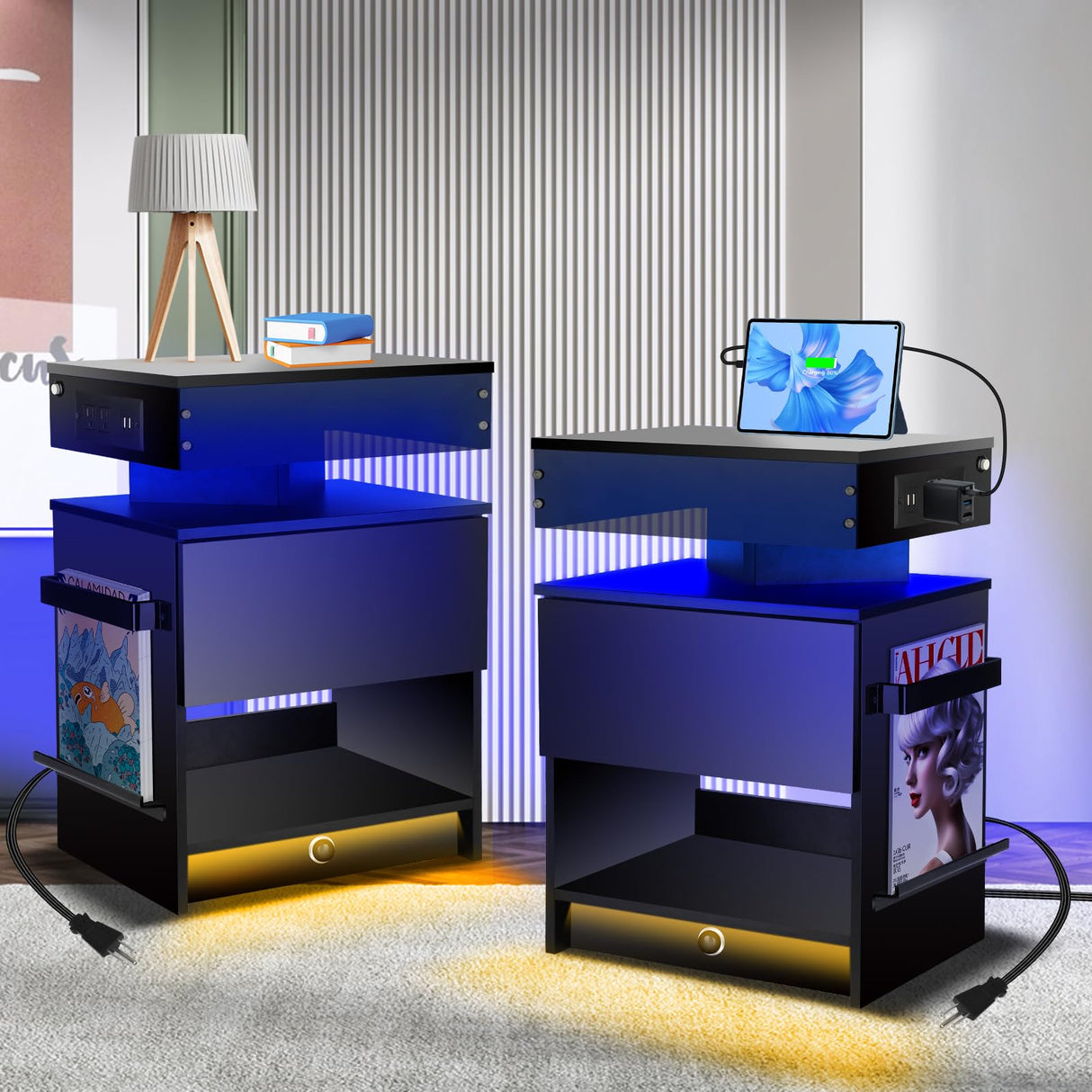 LAINELAND Night Stand Set 2,Nightstand with Charging Station,Induction Light and LED Light,Bedside Table with Drawers,Modern Nightstand End Side Table for Bedroom,Nightstands with Bookshelf,Black LAINELAND