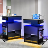 LAINELAND Night Stand Set 2,Nightstand with Charging Station,Induction Light and LED Light,Bedside Table with Drawers,Modern Nightstand End Side Table for Bedroom,Nightstands with Bookshelf,Black LAINELAND