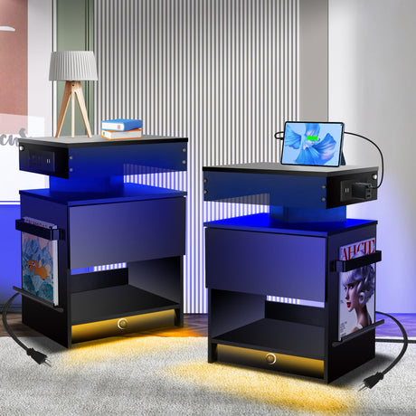 LAINELAND Night Stand Set 2,Nightstand with Charging Station,Induction Light and LED Light,Bedside Table with Drawers,Modern Nightstand End Side Table for Bedroom,Nightstands with Bookshelf,Black LAINELAND