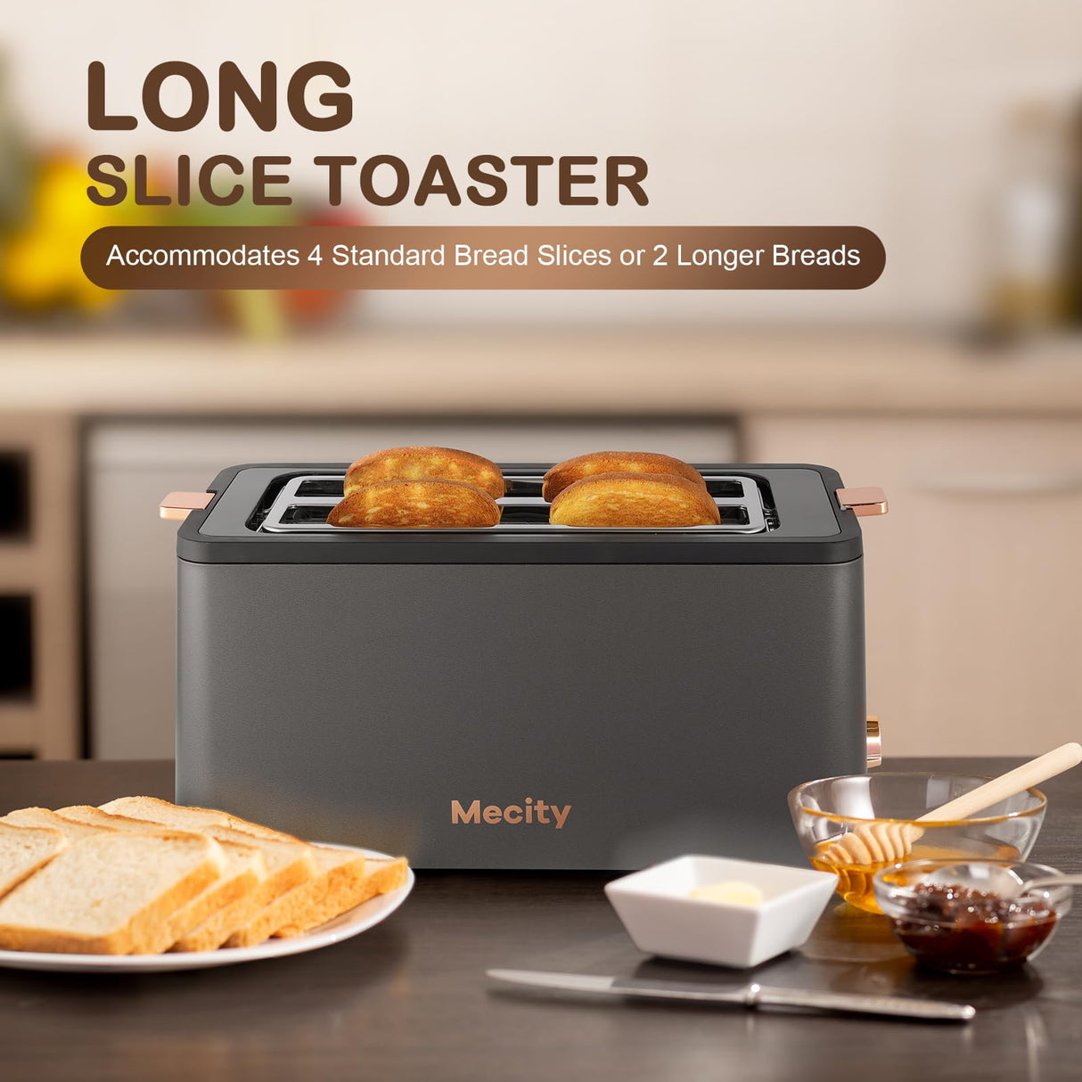 Mecity 4 Slice Toaster, Long Slot Toaster With Warming Rack, Bagel/Defrost/Reheat Functions,Warming Rack, Crumb Tray, 6 Browning Settings, Extra Wide Long Slots, Stainless Steel, 1300W,Grey Mecity