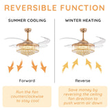 MOOONICHE 48 Inch Crystal Ceiling Fan with Light and Remote Modern Dimmable Fandelier Invisible Retractable Chandelier Fan Gold for Bedroom Living Room MOOONICHE