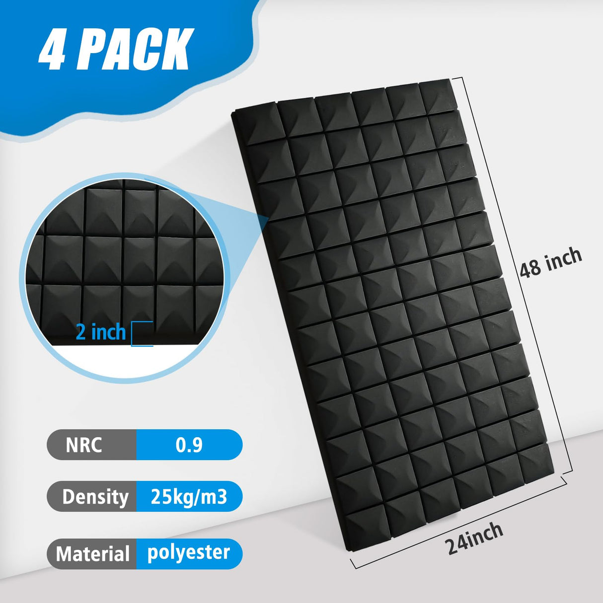 4 Pack Acoustic Panels, 48 x 24 x 2" Sound Proof Foam High Density Studio Wedge Tiles Fire Resistant Acoustic Panels for Home,Office, Recording Room, Studio (Black-4 Pack) shipxinfuren