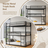 AYJOIR Heavy Duty Triple Bunk Bed, Twin Over Twin Over Twin Metal Bunkbeds with Ladder, Family-Friendly for All Ages, Bedroom, No Box Spring Needed, Easy Assembly, Black AYJOIR