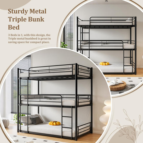 AYJOIR Heavy Duty Triple Bunk Bed, Twin Over Twin Over Twin Metal Bunkbeds with Ladder, Family-Friendly for All Ages, Bedroom, No Box Spring Needed, Easy Assembly, Black AYJOIR