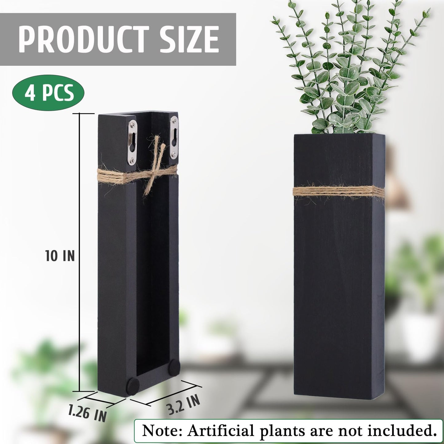 Wall Planters for Indoor Plants - 4 Pack Wood Wall Vases for Dried Flowers & Artificial Plants Modern Farmhouse Wooden Vase for Living Room Bedroom Kitchen Wall Decorations - Black