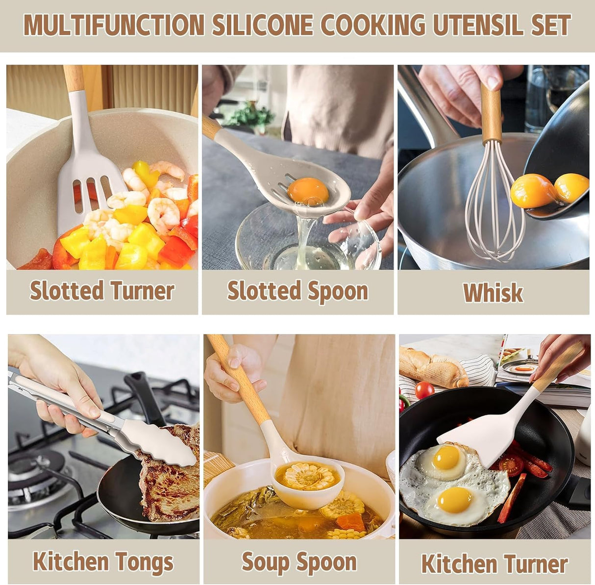Umite Chef Kitchen Cooking Utensils Set, 33 pcs Non-Stick Silicone Cooking Kitchen Utensils Spatula Set with Holder, Wooden Handle Silicone Kitchen Gadgets Utensil Set (Khaki) Umite Chef