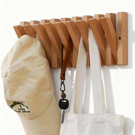 yaochuforest Coat & Hat Hooks Wall Mount with Key Holder, Wall Mounted Coat Rack with 9 Retractable Hangers, Solid Wood Slim Key Holder for Entryway, 17in Natural Finish yaochuforest