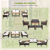 HAPPYGRILL 7 Piece Patio Furniture Set Rattan Sofa Set Outdoor Wicker Conversation Set with 2 Ottomans & 2 Coffee Tables with Bottom Shelf Acacia Wood Tabletop Seat & Back Cushions HAPPYGRILL