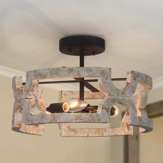 KSANA Farmhouse Wood Semi Flush Mount Ceiling Light, Vintage Drum Distressed White Close to Ceiling Light Fixtures for Bedroom, Hallway, Foyer, Entryway, Kitchen, Stairway, Dining & Living Room