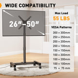Perlegear Rolling TV Stand with Power Outlet for 26-50 inch TVs up to 55 lbs, Tilting Mobile TV Cart Portrait to Landscape, 8 Height Settings, Mobile TV Stand with Wheels, Max VESA 300x300mm, PGTVMC19 Perlegear