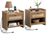 SICOTAS Night Stand Set of 2 Nightstands - Rattan Bed Side Table with Type-C Charging Station, Drawer Storage End Table - Boho Bedside Stand Night Stands for Bedroom - Natural Oak SICOTAS