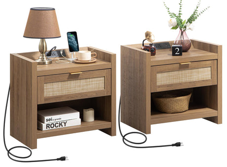 SICOTAS Night Stand Set of 2 Nightstands - Rattan Bed Side Table with Type-C Charging Station, Drawer Storage End Table - Boho Bedside Stand Night Stands for Bedroom - Natural Oak SICOTAS