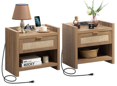SICOTAS Night Stand Set of 2 Nightstands - Rattan Bed Side Table with Type-C Charging Station, Drawer Storage End Table - Boho Bedside Stand Night Stands for Bedroom - Natural Oak