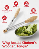 Boxiki Kitchen Tongs for Cooking with Wooden Tips - Wooden Tongs Ideal for BBQ, Salad, Toaster, Bread & Pickles - Made of Natural Olive Wood, Size 12 Inch Boxiki Kitchen
