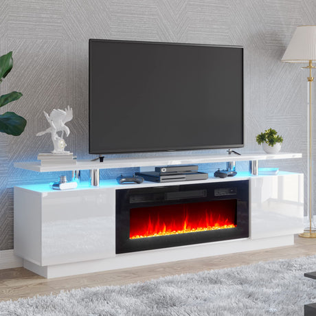 AMERLIFE Fireplace TV Stand with 36" Fireplace, 70" Modern High Gloss Fireplace Entertainment Center LED Lights, 2 Tier TV Console Cabinet for TVs Up to 80", Ivory White AMERLIFE