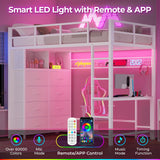 ADORNEVE Twin Size Loft Bed with Desk and 8 Storage Drawers, Metal Kids Loft Bed Twin with LED Lights & Charging Sation, Storage Shelves, 13.1" H Safety Guard & Ladder, No Box Spring Needed, White ADORNEVE