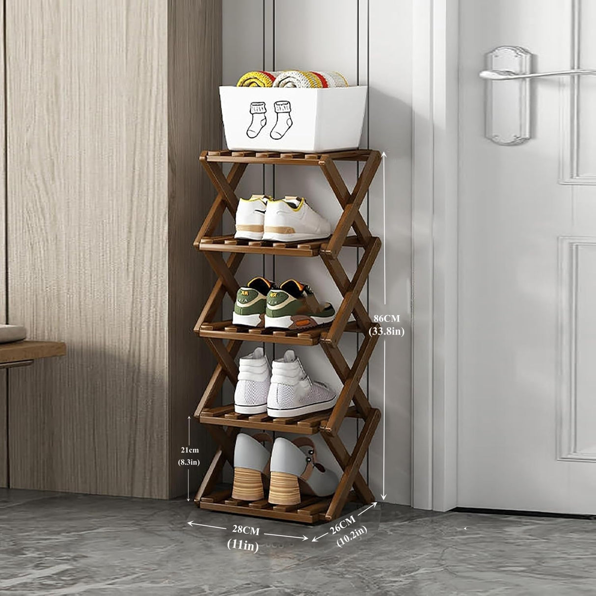 XZXWZX Shoe Rack, Bamboo Foldable Shoes Organizer Free Standing Shelf for Entryway, Closet, Bedroom, Hallway, | Natural | Functional | Multifunctional Shoe Rack (Wood Color) 5 Layers XZXWZX