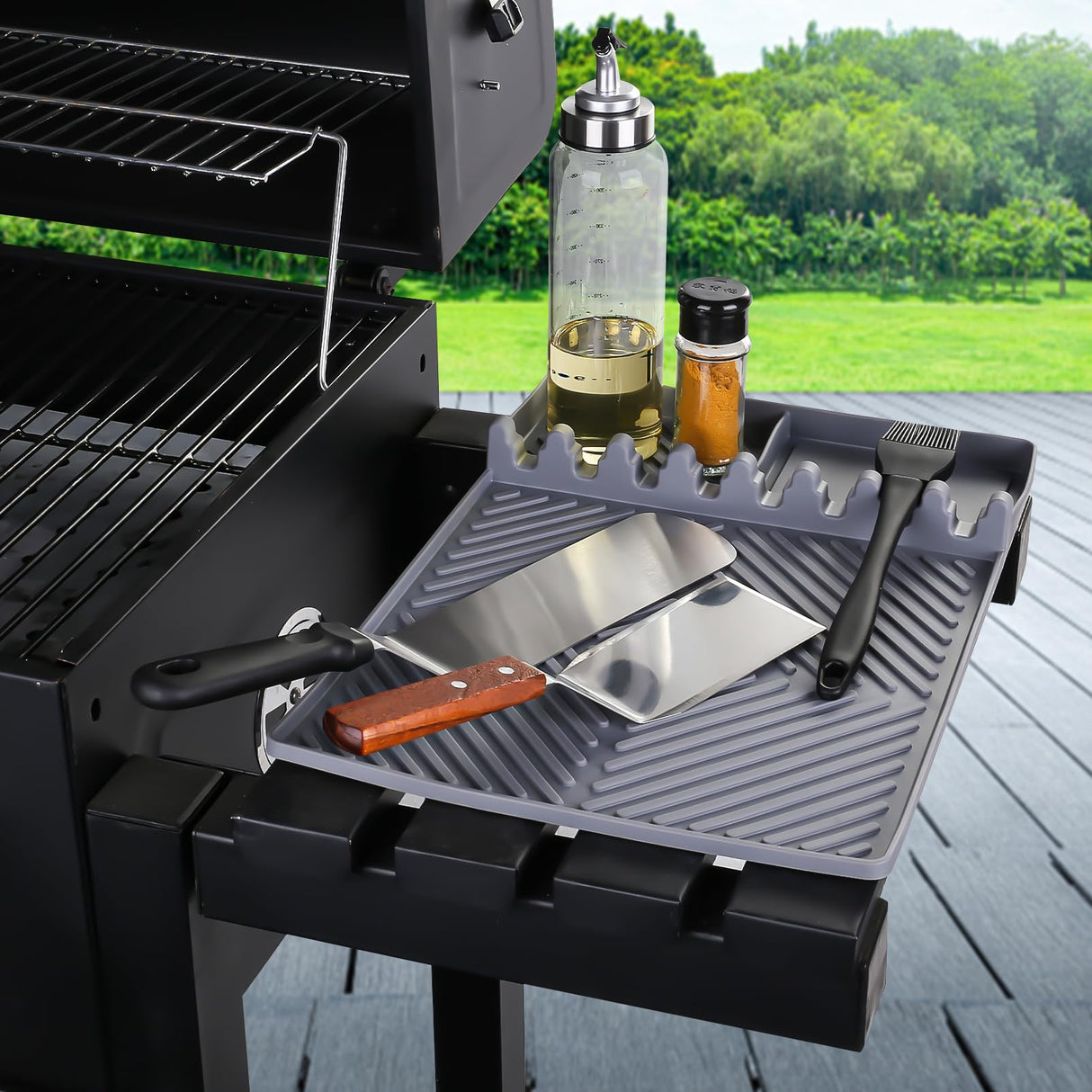 Griddle Mat Barbeque Grill Accessories Tools for Blackstone, Side Shelf Mat Grill Pad for Outdoor Grill Kitchen Counter Spatula Silicone Mat with Drip Pad for Kitchen, Cooking, Countertop (Grey) Find law