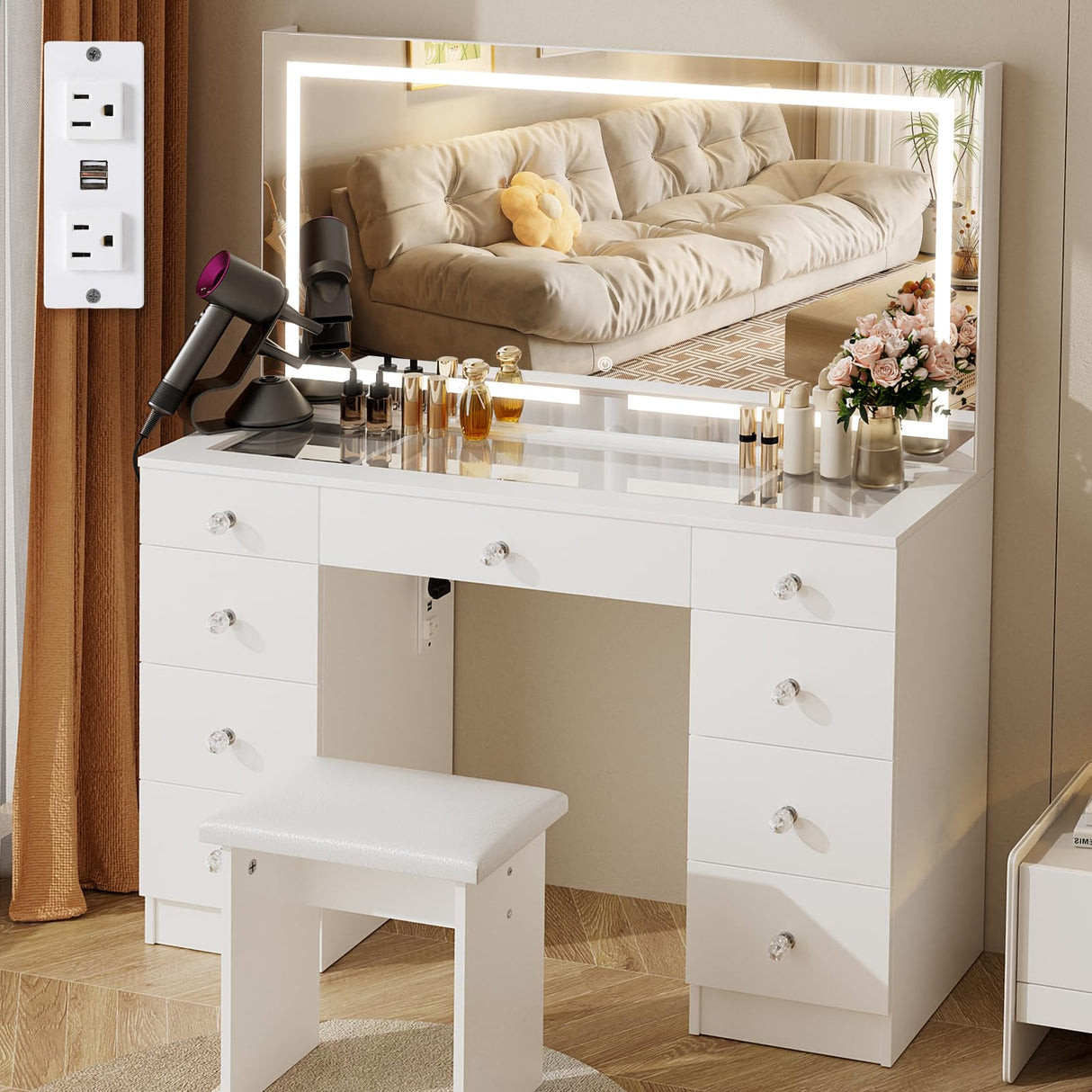 VOWNER Vanity with Lighted Mirror - 47" Glass Top Makeup Vanity Desk with 9 Drawers and Power Outlet, 3 Color Lighting Modes Adjustable Brightness, Makeup Desk with Cushioned Stool for Bedroom, White VOWNER