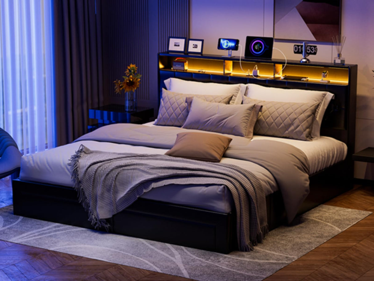 IKIFLY King Size Upholstered Bed Frame with Charging Station, 4 Storage Drawers & LED Lights IKIFLY