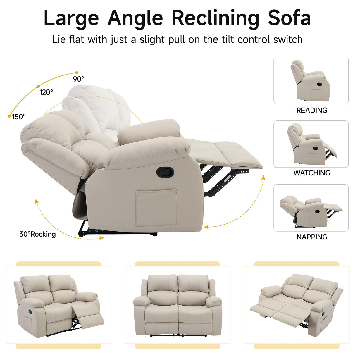 GNMLP2020 Reclining Loveseat Sofa Leather Recliner Couch 2 Seater Sofa for Living Room, Home Theater Seating(Loveseat,Beige) GNMLP2020