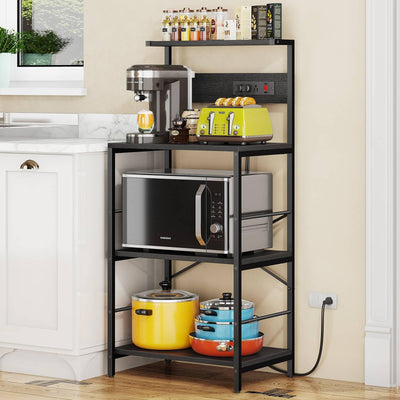 Anycoo Bakers Rack with 3 Power Outlets, 4-Tier Kitchen Microwave Stand with Storage, Freestanding Kitchen Shelf Stand 23.6”L x 15.7”W x 51.2”H, Coffee Bar Table, Black