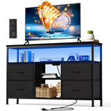 SageNest TV Stand Dresser for Bedroom, Entertainment Center for TV up to 50 inch with LED Lights & Charging Station, Media Console with 4 Fabric Drawers and Open Storage Shelves for Living Room, Black SageNest
