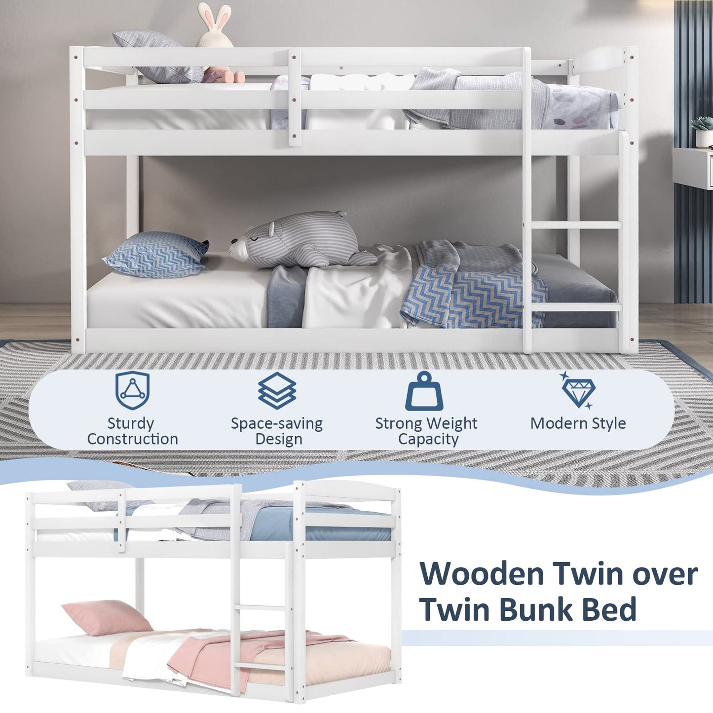 Giantex Twin Low Bunk Bed Frame - Solid Wood Twin Over Twin with Full Guardrails & Integrated Ladder, Space-Saving Design, White - WoodArtSupply